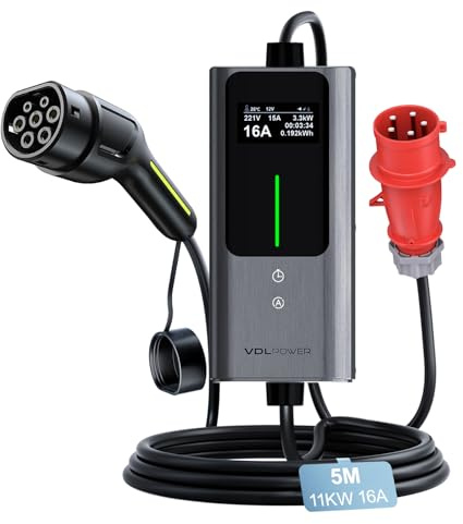 VDLPOWERVP Cargador Coche Electrico 11kw, 5m Tipo 2 de Carga para Vehículos Eléctricos con Cable, Cargadores para Vehículos Eléctricos, Corriente Ajustable 6A - 16A, CEE de 5 Pines, IEC 62196-2, IP65