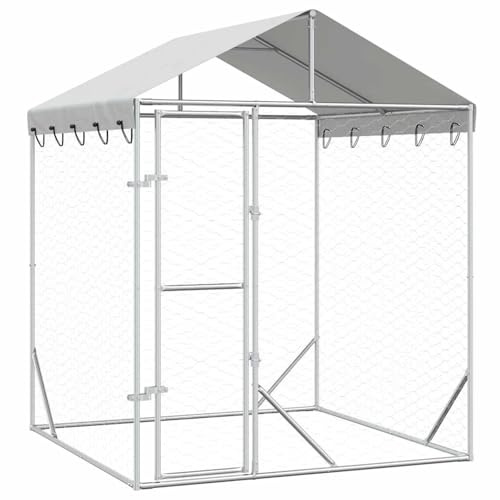 Gecheer Outdoor-Hundezwinger mit Dach Silber 2x2x2,5 m Verzinkter Stahl, Hundezwinger Freilaufgehege für große Hunde Garten Camping Outdoor153675