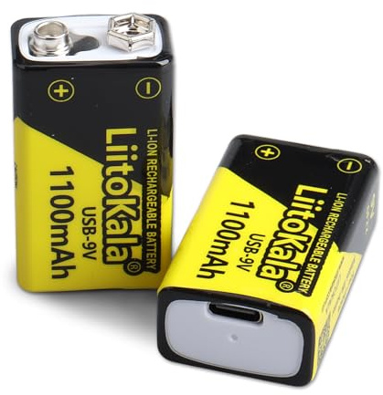 Paquete de 2 baterías recargables LiitoKala de 9 V, baterías de bloque de iones de litio de 1100 mAh con cable de carga rápida USB-C ideal para detectores de humo, detectores de incendios, alarmas