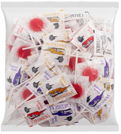 Caramelos Cerdán - Piruleta redonda sabor cereza Semana Santa Cartagena | Cofradías California, Marraja, Resucitado y Socorro | Sin gluten ni alérgenos | Ideal para fiestas | Bolsa 100 uds