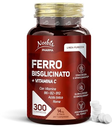 Ferro Bisglicinato Noebis Pharma 300 Compresse – Con Vitamina C, Vitamine B6 B2 B12, Acido Folico e Rame – Ferro ad Alta Biodisponibilità – Supporto Energia e Globuli Rossi