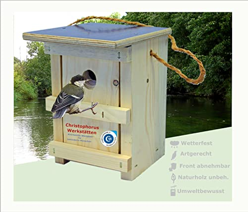 Christophorus-Werkstätten Nistkasten für die Blaumeise aus Kiefernholz | Artspezifisch und nach NABU-Vorgaben in Handarbeit gefertigt | Wasserfeste Abdeckung | Nisthilfe | Vogelhaus | Made in Germany