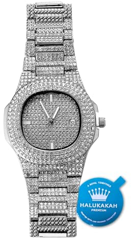 Halukakah Vergoldete Uhr Iced Out, Herren Rhodium Black Plated Quarzarmband 9.5,Volle Cz Labordiamants Zinken-Set,KOSTENLOSE Geschenkbox