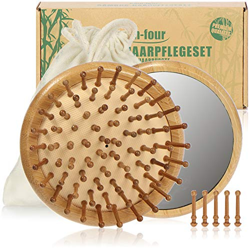 COM-FOUR® Set per la cura dei capelli premium - spazzola districante in bambù e piccolo specchio da parrucchiere con contenitore (2 parti - Spazzola Tangle + specchio)