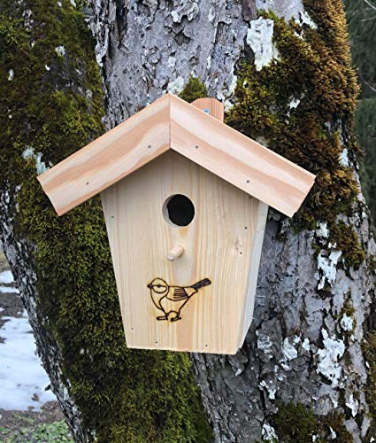 Nichoir (N8) avec toit en bois de mélèze pour espèces de mésanges et de rouge-queues – Nichoir pour petites espèces avec trou d'entrée de 28 mm.