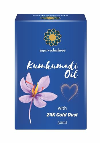 Ayurvedashree kumkumadiolja med 24k guldflingor, mandelolja, sesamolja, olivolja, valnötsolja, ricinolja, 30 ml (förpackning med 30 ml)