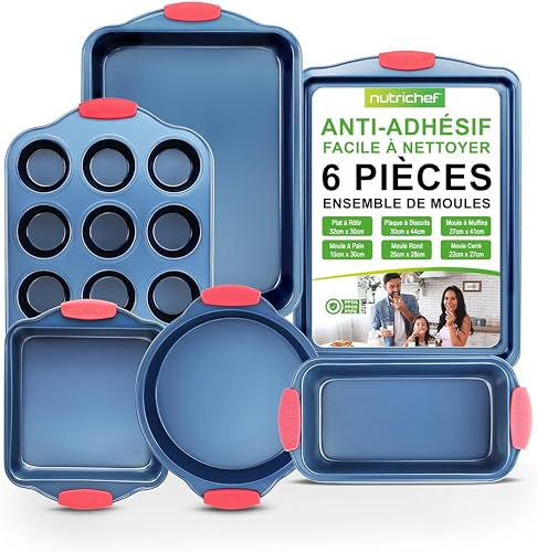 NutriChef Set 6 Teglie da Forno Antiaderente, Acciaio Carbonio, Manici Silicone, Adatto Forno 230°C, Pirofila Pane, Teglia Muffin, Arrosto, Biscotti