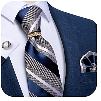 DiBanGu Corbata de seda a rayas para hombre, azul y blanca, juego de corbata y alfiler de solapa, broche tejido, pañuelo, gemelos, para bodas, formal, negocios