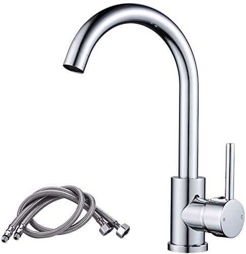 NewEast Kitchen Mixer Taps, Stainless Steel Single Lever Kitchen Monobloc Sink Tap with Swivel Spout and Hoses, Chrome Brass