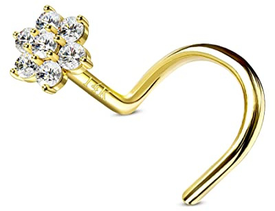 CM Crareesi Mania Piercing de nez en or jaune massif 14 carats calibre 20 avec fleur en zircone cubique serti de diamants de 4 mm en forme de L pour femme et homme