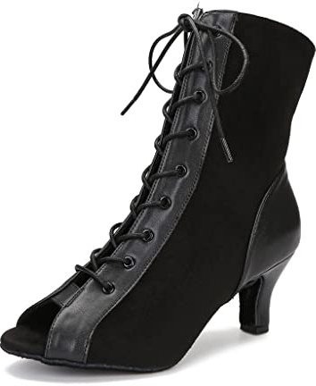 YYTing Women Suede Ballroom Dance Boots Latin Salsa Dress Shoes Practice Footwear 2.5inch Heels YT22(7.5, Black)