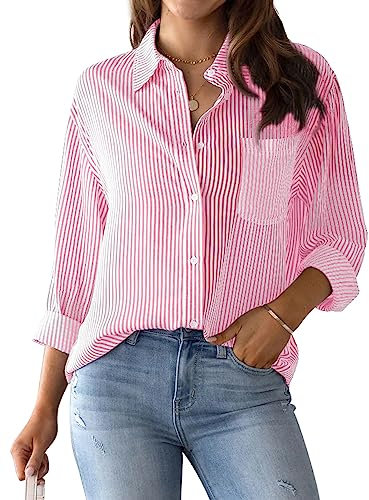 MINTLIMIT Women's Striped Button Down Shirts Long Sleeve Casual Blouse Tops with Pockets for Women 2024 Pink