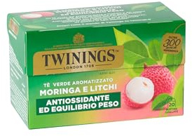 Twinings, Tè Verde con Moringa Aromatizzato al Litchi, Gusto Dolce e Fruttato, Infusi e Tisane, 1 Confezione da 20 Filtri