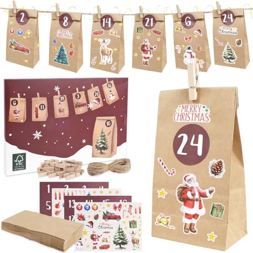 RUBY Adventskalender zum Befüllen, 24 DIY Adventskalender zum Befüllen Kinder mit Aufkleber Weihnachten, Jute-Schnur und Holzklammern, zum Weihnachten Geschenke Machen