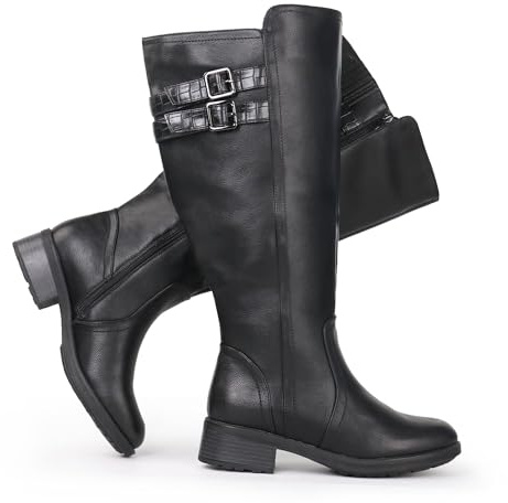 Chicblooms Bottes hautes à talon bloc extra large pour femmes, boucle cachée et extensibles, PU noir, EU39