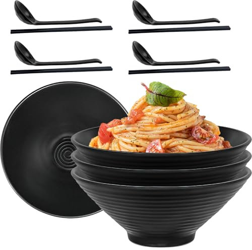 Kaxtde Juego de 4 cuencos japoneses para ramen, 1200 ml, reutilizables, con cucharas, palillos, cuencos de sopa negros irrompibles para ensalada asiática Udon Pho, cereales, arroz Udon, aptos para