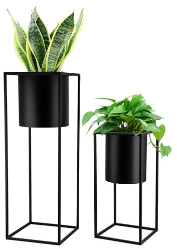 TRIROCKS Set of 2 Morden Metal Craft Planters with Stand for Indoor Otdoor Plants 70&45 cm Tall Flower Pots for Home Decor Dining Room Kitchen Balcony Events Parties Restaurants Hotel Lobbies(Black)