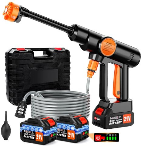 21V Cordless Pressure Washer with 2Pcs 3000mAh Battery, Portable Pressure Washer Gun, 6-in-1 Nozzle, 5m Hose & Tap Connector, Portable Jet Washer for Car, Patio, Floor & Garden Cleaning