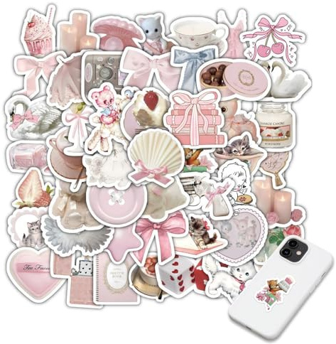 AzureRay 120 Pegatinas Aesthetic Y2K con Lazo Rosa - Stickers Aesthetic de Vinilo Impermeables para Decorar Botellas de Agua, Laptops y Cuadernos - Pegatinas Bonitas para Niños y Adultos