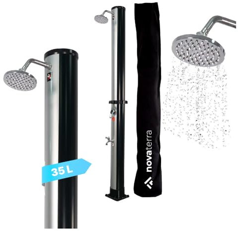 NovaTerra Douche solaire noir/argent avec réservoir de 35 l – Douche de jardin et de camping avec pommeau de douche à effet pluie, douche pour pieds, capot de protection et bac de rangement – Système