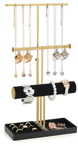 Support à bijoux 3 niveaux rotatif 360°, hauteur réglable, plateau velours amovible – Porte colliers, bracelets, bagues, boucles d’oreilles & montres – Organisateur bijoux femme en métal, idée cadeau