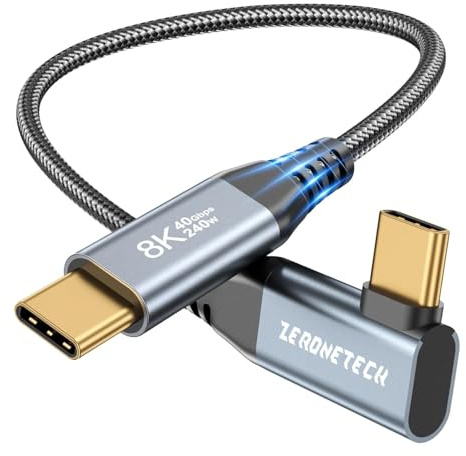 ZeroneTeck 0,15M USB4 avec Câble Thunderbolt 4 15CM, 8K@60Hz HDR Video, Coudé 90 Degrés Câble de Données 40Gbps, 240W 48V/5A USB C vers USB C Charge Rapide