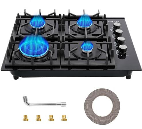 Gas Hob 4 burners, Built in Black Glass Gas Hob with Flame Out Protection,with Cast Iron Supports,With side buttons,NG/LPG Convertible
