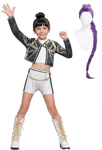 Bauxhie Demon Hunters Disfraz Rumi Cosplay Chaqueta Pantalones Cortos Traje Zoey Trajes Mira Uniforme Escenario Traje para Halloween (Negro + Peluca, XL)