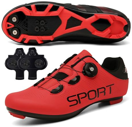 Treer Chaussure VTT Hommes et Femmes, Chaussures Velo Route Homme Velo Cyclisme, VTT avec Crampons Antidérapants Semelle Dure, 36EU-47EU (Rouge,46)