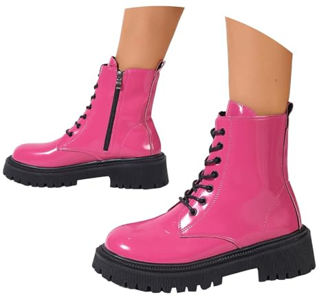 UK 5.5 Ankle Boots for Women Patent Leather Platform Lug Sole Combat Booties Lace up Low Block Chunky Heel Side Zipper Fall Winter Black Military Boot Shoes Stylish Hot Pink Footwear Gift