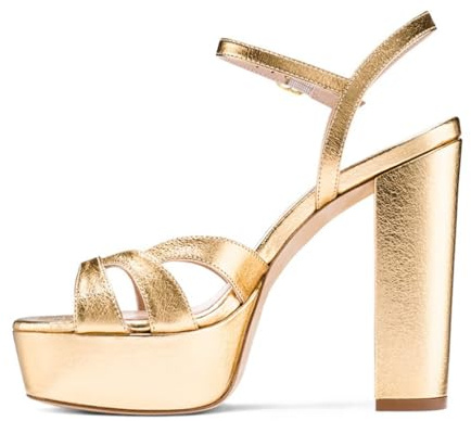 Sandalias de Plataforma con Punta Abierta Para Mujer, Elegantes Sandalias de Tiras con Tacón Alto y Grueso Zapatos Sexys de Talla Grande para Novia Noche y Graduación,Gold pu,36 EU