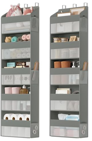 SONGMICS dörrorganisatör, 5 fack vardera, hopfällbar hänghylla, hängförvaring, metallkrokar, genomskinlig, dörrhylla, sidofickor, 2-pack, duvgrå RDH011GD01