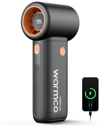 Warmco Ventilador de Mano Portátil 10000mAh, Motor sin Escobillas 15000 RPM, Mini Ventilador USB Recargable con 5 Velocidades, Función Power Bank, Pantalla LED, Potente para Viaje y Oficina