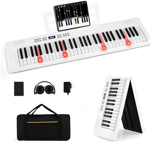 COSTWAY Keyboard Piano 61 tangenter, hopfällbart digitalt piano med MIDI och delad funktion, 128 toner och rytmer, bärbart piano med hörlurar och uthålpedal, e-piano för nybörjare (vit)