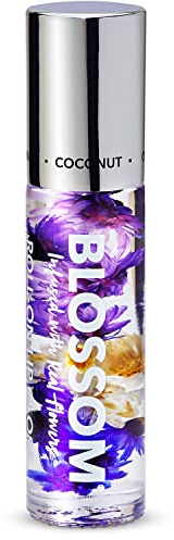 Blossom Roll on Lip Gloss, Scented Clear High Shine Moisturizing Lip Oil, Non Sticky, Infused with Real Flowers, Made in USA, 0.2oz, Coconut