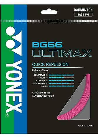 YONEX BG66 Ultimax Badminton String, 0.65mm, 10m, Quick Repulsion (Pink)