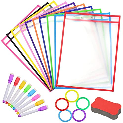 KAHEIGN 24Pz Conjunto De Bolsillos De Borrado En Seco, 36 x 26cm Bolsillos Reutilizables Para Escribir Y Limpiar Con Borrador De Forma De Hueso, 8 Bolígrafos De Borrado, 5Pz Llavero (10 Colores)