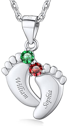 Custom4U Collar Nombre Hijo Personalizado Mujer con Piedras de Cumpleaños Circonitas Colgante Pies de Bebe Cúbicos Cadena Hipoalergénica Plata de Ley 925 Joyería Preciosa Regalo Navidad