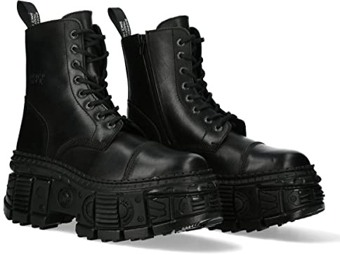 NEW ROCK Unisex Stövlar TANK stryksula med dragkedja svart läder/Unisex Black Boots Leather Zip M.WALL083C-S5, Svart, 37 EU