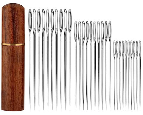 30 Stück Nähnadeln mit Großem Öhr, Edelstahl Handstricknadeln mit Holznadeletui Garn Nähnadel für Häkelprojekte (3 Größen)