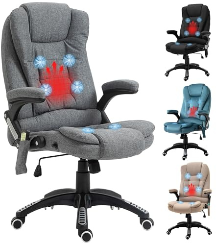 Vinsetto Silla de Oficina con Masaje Vibratorio de 6 Puntos Silla de Escritorio Giratoria con Función Basculante con Calefacción Altura Ajustable Respaldo Reclinable y Mando a Distancia Gris