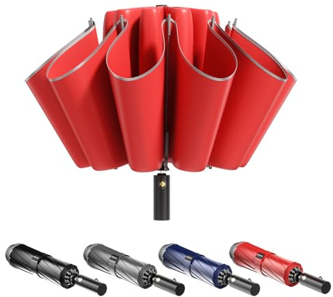 MJOFFIN Groß umgedrehter winddichter Regenschirm - Selbstöffnender und schließender Regenschirm mit reflektierenden Streifen - 48in,10 Knochen - Geeignet für Männer und Frauen(rot)