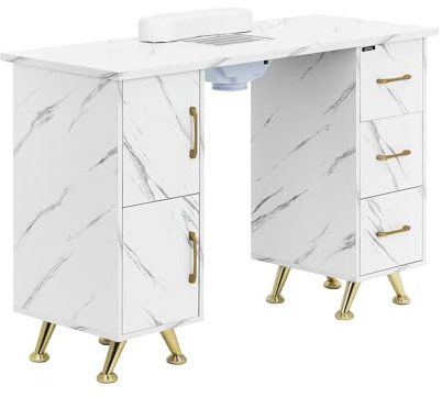 Physa - Tavolo per unghie marmorizzato/dorato con aspirazione polvere, per manicure e studio unghie, 3 cassetti, 2 ripiani