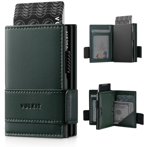 VULKIT Card Holder Bifold Pop Up Leather Wallet for Men RFID Blocking Metal Card Case, Hold 9 Cards and Banknotes, with ID Card Slot Window and Zipper Coin Pocket (Green)