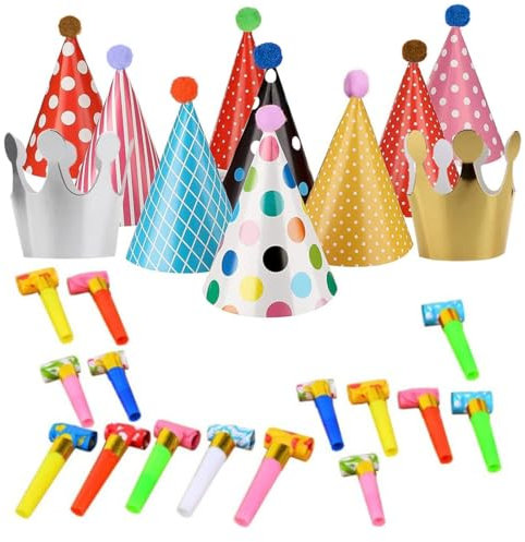 SGERUFZ 26 Pcs Kit cappelli di compleanno 9 Pcs cappelli a cono per feste 2 Pcs corone di compleanno di carta 10 Pcs fischietti colorati per festa di compleanno ragazzo ragazza