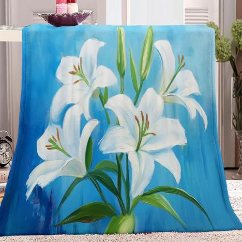 Flanell Fleece Decke 180 x 220 cm Kuscheldecke für Kinder Erwachsene Mädchen Warme Bedruckte Blumen Ölgemälde Lilie Muster Couch Decke Blau Langlebig Reisedecke