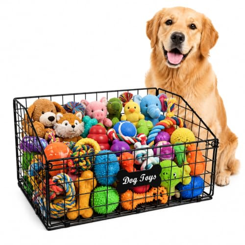 Geyecete Toy box for dogs large Dog Toy organizer Pet wire folding basket dog toy container dog toy box-Chew-Proof Dog Food Toy Storage-Black