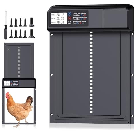 WDKXCN Puerta Gallinero Automatica, Puerta Automatica Gallinero por Batería, Puertas Automaticas para Gallinero con Pantalla Grande, Temporizador, Función Antiatrapamiento, Aviso De Baterí