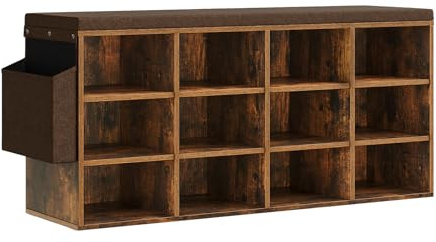 WOLTU Banco Zapatero con 12 Compartimentos, Banco Zapatero de Entrada, Estanteria para Zapatos con Estante Ajustable, Zapatero con Asiento de Tela, Marrón Rústico+Marrón, 102x30x48,5 cm