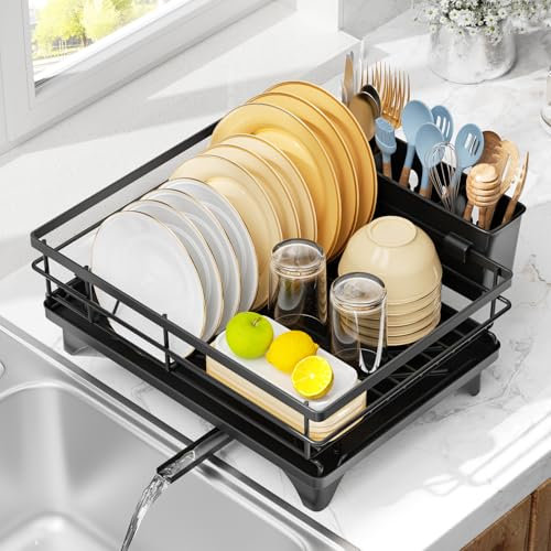 LIONONLY Dish Drainer Rack with Drip Tray, Space Saving Draining Board Rack, Sink Drainer Rack, Large Dish Rack, Drying Rack Kitchen for Utensils Plates Bowls